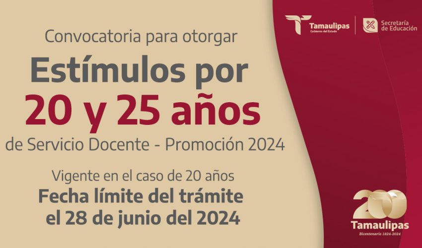 Convocatoria para otorgar estímulos por 20 y 25 años de Servicio Docente – Promoción 2024