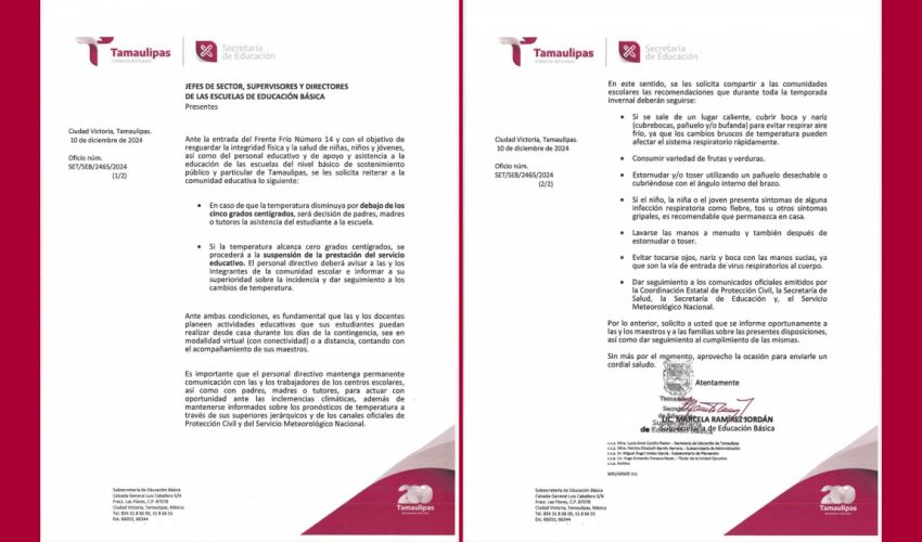 Información de la Secretaría de Educación ante la entrada del frente frio